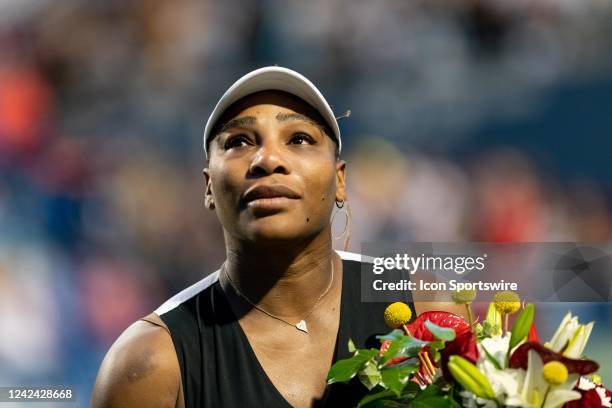 Serena Williams reacts after her National Bank Open tennis tournament second round match on August 10 at Sobeys Stadium in Toronto, ON, Canada.