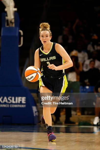 Marina Mabrey of the Dallas Wings handles the ball during the game against the New York Liberty on August 10, 2022 at the College Park Center in...