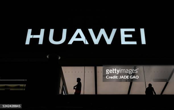 This photo taken on July 12 shows the logo of the Huawei flagship store in Shenzhen, in China's southern Guangdong province.