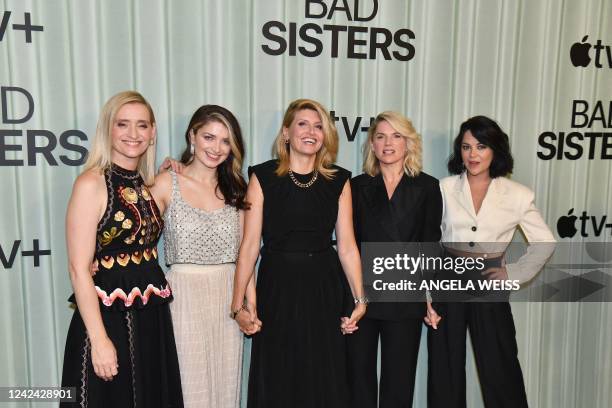 Actresses Anne-Marie Duff, Eve Hewson, Sharon Horgan, Eva Birthistle and Sarah Greene attend "Bad Sisters" premiere at the Whitby Hotel on August 10,...