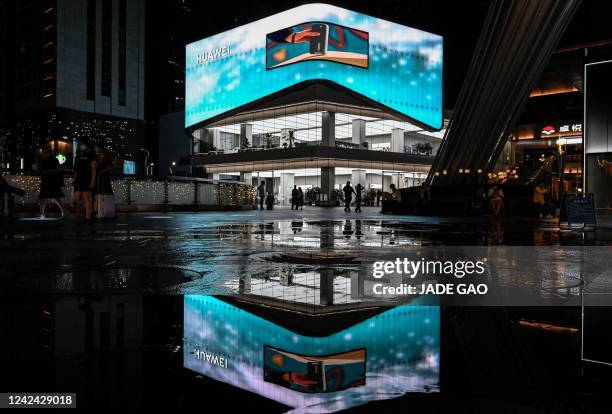 This photo taken on July 8 shows the facade of the Huawei flagship store in Shenzhen, in China's southern Guangdong province.