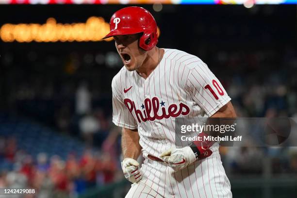 Realmuto of the Philadelphia Phillies reacts after hitting the go ahead RBI single in the bottom of the eighth inning against the Miami Marlins at...