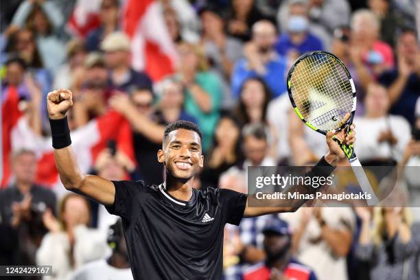Felix Auger-Aliassime of Canada celebrates his victory against Yoshihito Nishioka of Japan during Day 5 of the National Bank Open at Stade IGA on...