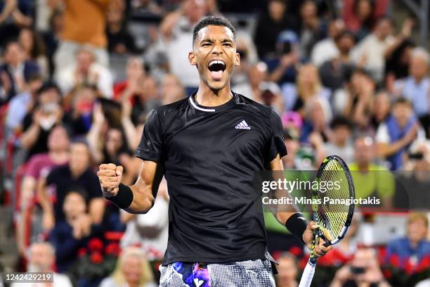 Felix Auger-Aliassime of Canada reacts as he celebrates his victory against Yoshihito Nishioka of Japan during Day 5 of the National Bank Open at...