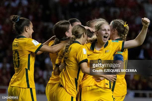 Australia's midfielder Hana Lowry celebrates with teammates after scoring against Costa Rica during their Women's U-20 World Cup football match...
