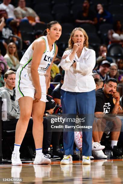 Natalie Achonwa talks to Head Coach Cheryl Reeve of the Minnesota Lynx during the game against the Phoenix Mercury on August 10, 2022 at Footprint...