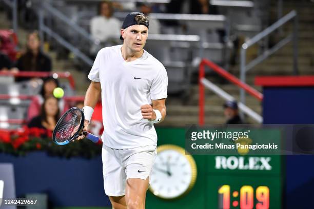 Jack Draper of Great Britain reacts after winning a point against Stefanos Tsitsipas of Greece during Day 5 of the National Bank Open at Stade IGA on...