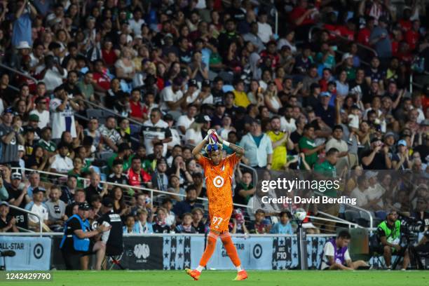 Dayne St. Clair of the MLS All-Stars acknowledges fans as he walks off the field for a substitution against the Liga MX All-Stars in the second half...