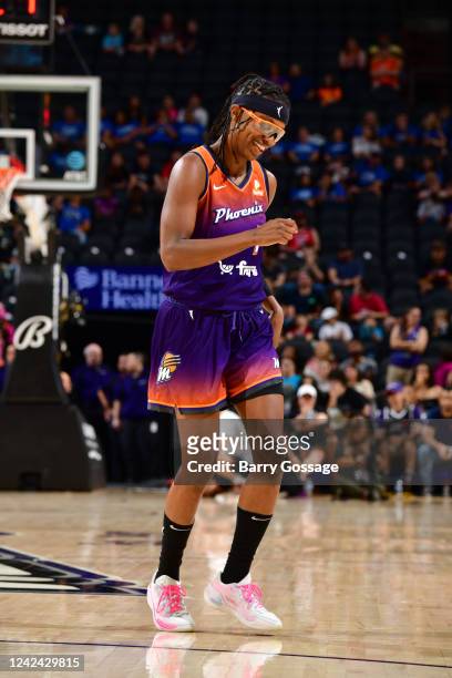 Diamond DeShields of the Phoenix Mercury smiles during the game against the Minnesota Lynx on August 10, 2022 at Footprint Center in Phoenix,...