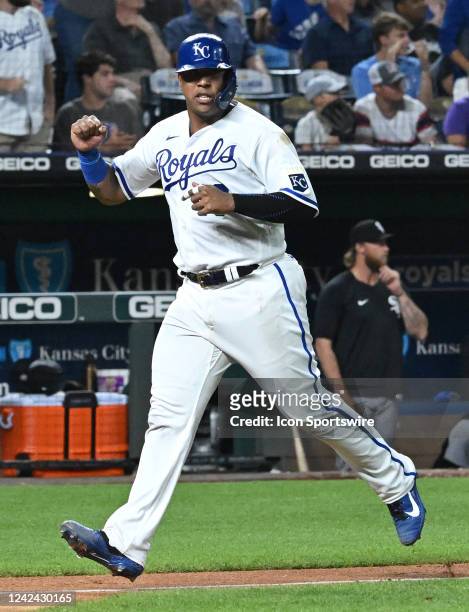 Kansas City Royals catcher Salvador Perez scores to tie the game in the seventh inning during a MLB game between the Chicago White Sox and the Kansas...