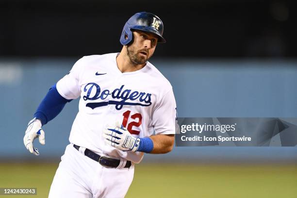 Los Angeles Dodgers left fielder Joey Gallo circles the bases after his three run home run during the MLB game between the Minnesota Twins and the...