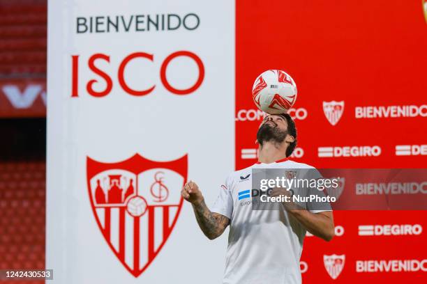 Isco Alarcon during the presentation of Isco Alarcon as a new player of Sevilla CF at Sanchez Pizjuan Stadium on August 08, 2022 in Seville, Spain.