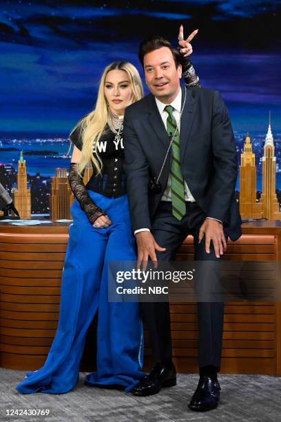 Episode 1697 -- Pictured: Singer Madonna and host Jimmy Fallon during promos after their interview on Wednesday, August 10, 2022 --