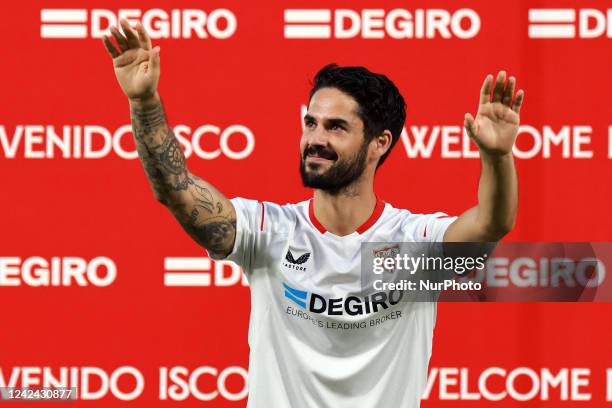 Isco Alarcon during the presentation of Isco Alarcon as a new player of Sevilla CF at Sanchez Pizjuan Stadium on August 08, 2022 in Seville, Spain.