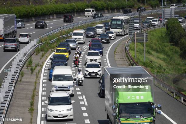 Vehicles in a traffic jam on the Chuo Expressway in Sagamihara, Kanagawa Prefecture, Japan, on Thursday, Aug. 11, 2022. The Obon holiday, celebrated...