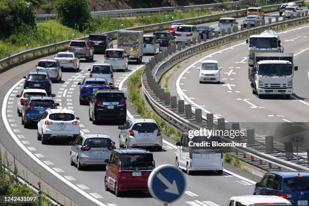 Vehicles in a traffic jam on the Chuo Expressway in Sagamihara, Kanagawa Prefecture, Japan, on Thursday, Aug. 11, 2022. The Obon holiday, celebrated...