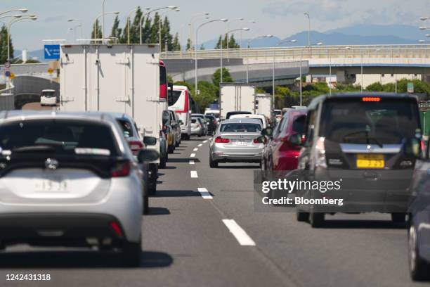 Vehicles in a traffic jam on the Chuo Expressway in Fuchu, Tokyo Metropolis, Japan, on Thursday, Aug. 11, 2022. The Obon holiday, celebrated from...