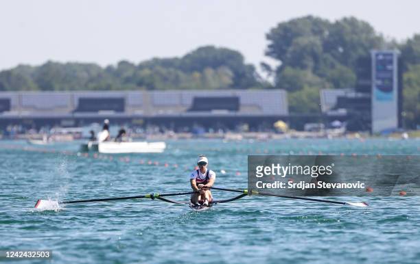 Madeleine Fiona Arlett of Great Britain competes in the LW1x-race during the Rowing competition on day 1 of the European Championships Munich 2022 at...