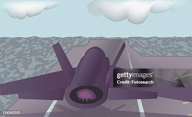ilustrações, clipart, desenhos animados e ícones de close-up of a fighter plane taking off from an aircraft carrier - mode
