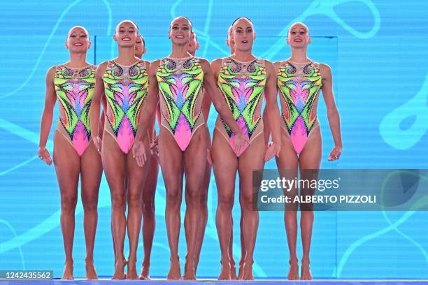 Members of Italy's team compete in the Artistic Swimming Team Technical Final event during the LEN European Aquatics Championships on August 11, 2022...