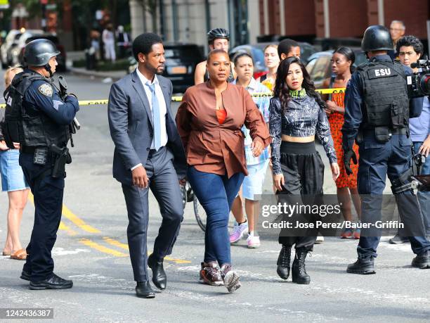 Queen Latifah, Tory Kittles and Liza Lapira are seen at film set of 'The Equalizer' TV Series on August 10, 2022 in New York City.