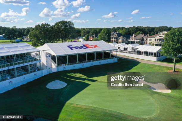 Aerial view of the 18th hole prior to the FedEx St. Jude Championship at TPC Southwind on August 7, 2022 in Memphis, Tennessee.