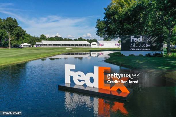 Aerial view of the FedEx signage in the water along the 18th hole prior to the FedEx St. Jude Championship at TPC Southwind on August 7, 2022 in...
