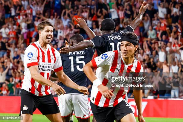 Erick Gutierrez of PSV celebrating his goal 2-2 during the UEFA Champions League Third Qualifying Round Second Legmatch between PSV Eindhoven and AS...