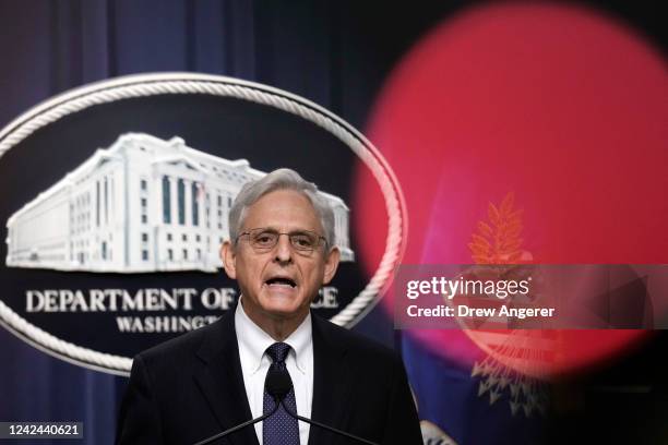 Attorney General Merrick Garland delivers a statement at the U.S. Department of Justice August 11, 2022 in Washington, DC. Garland addressed the...