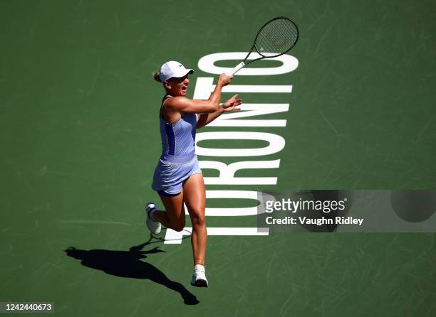 Simona Halep of Romania plays a shot against Jil Teichmann of Switzerland during the National Bank Open, part of the Hologic WTA Tour, at Sobeys...