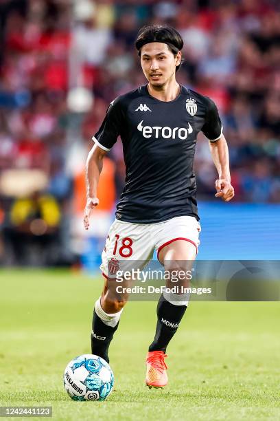 Takumi Minamino of AS Monaco controls the ball during the UEFA Champions League Third Qualifying Round Second Legmatch between PSV Eindhoven and AS...
