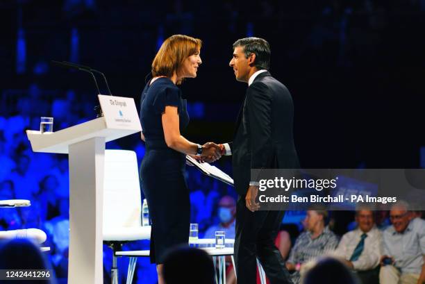 Rishi Sunak with Camilla Tominey, Associate Editor of The Daily Telegraph during a hustings event in Cheltenham, as part of the campaign to be leader...