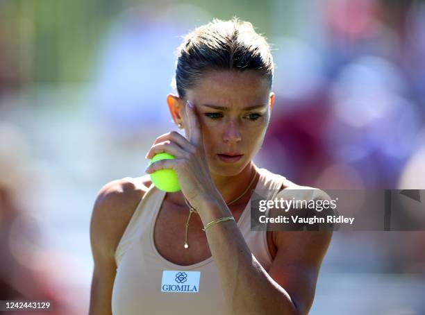 Camila Giorgi of Italy prepares to serve against Jessica Pegula of the United States during the National Bank Open, part of the Hologic WTA Tour, at...