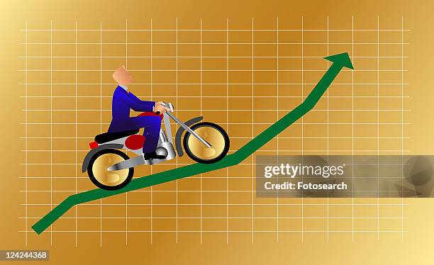 ilustrações, clipart, desenhos animados e ícones de side profile of a businessman riding a motorcycle on a line graph - mode