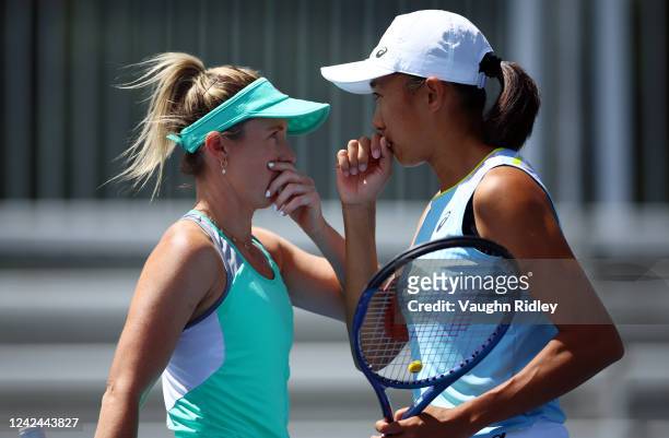 Storm Sanders of Australia and Shuai Zhang of China compete in a doubles match against Nicole Melichar-Martinez of the United States and Ellen Perez...