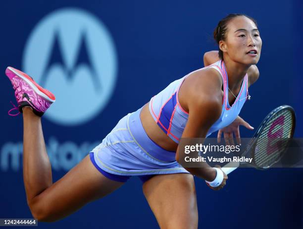 Qinwen Zheng of China serves against Bianca Adreescu of Canada during the National Bank Open, part of the Hologic WTA Tour, at Sobeys Stadium on...