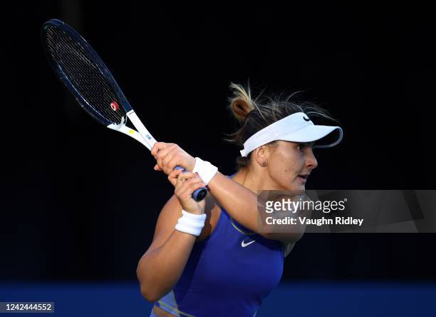 Bianca Andreescu of Canada hits a shot against Qinwen Zheng of China during the National Bank Open, part of the Hologic WTA Tour, at Sobeys Stadium...