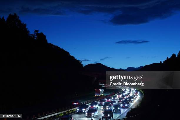 Vehicles queue in a traffic jam on the Chuo Expressway in Uenohara, Yamanashi Prefecture, Japan, on Thursday, Aug. 11, 2022. The Obon holiday,...