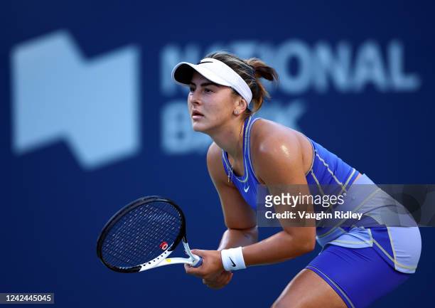 Bianca Andreescu of Canada faces a serve from Qinwen Zheng of China during the National Bank Open, part of the Hologic WTA Tour, at Sobeys Stadium on...
