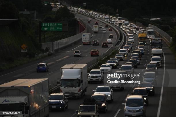 Vehicles on the Chuo Expressway in Uenohara, Yamanashi Prefecture, Japan, on Thursday, Aug. 11, 2022. The Obon holiday, celebrated from Aug. 13 to...