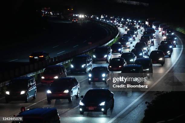 Vehicles queue in a traffic jam on the Chuo Expressway in Uenohara, Yamanashi Prefecture, Japan, on Thursday, Aug. 11, 2022. The Obon holiday,...