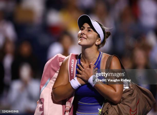 Bianca Andreescu of Canada acknowledges the crowd after losing to Qinwen Zheng of China during the National Bank Open, part of the Hologic WTA Tour,...