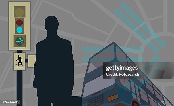 ilustrações, clipart, desenhos animados e ícones de silhouette of a man standing near a traffic light - mode