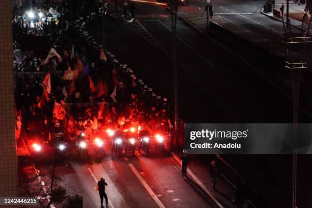 People stage a demonstration against Brazilian President Jair Bolsonaro and in defense of democracy and elections at Avenida Paulista in Sao Paulo,...