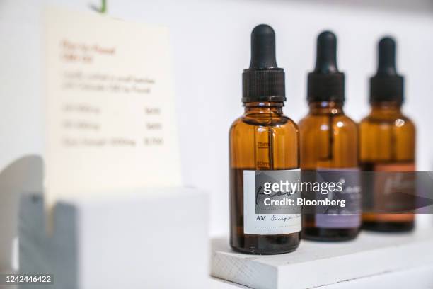 Bottles of CBD oil for sale at the Found cafe in Hong Kong, China, on Thursday, Aug. 11, 2022. As Hong Kong takes its first steps toward cracking...