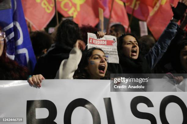 People stage a demonstration against Brazilian President Jair Bolsonaro and in defense of democracy and elections at Avenida Paulista in Sao Paulo,...