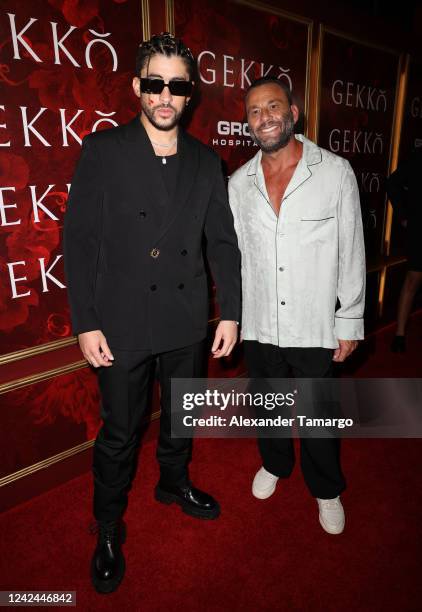 Bad Bunny and David Grutman attend the Gekko Miami restaurant grand opening celebration on August 11, 2022 in Miami, Florida.