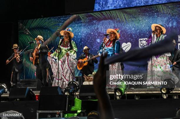 Folklore group performs during the Petronio Alvarez Pacific Music Festival in Cali, on August 11, 2022. - The Petronio Alvarez Pacific Music Festival...