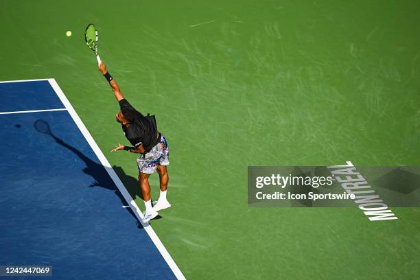 Felix Auger-Aliassime serves the ball against during the third round ATP National Bank Open match on August 11, 2022 at IGA Stadium in Montreal, QC