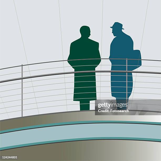 ilustrações, clipart, desenhos animados e ícones de silhouette of two young men standing on the deck of a ship and talking - mode
